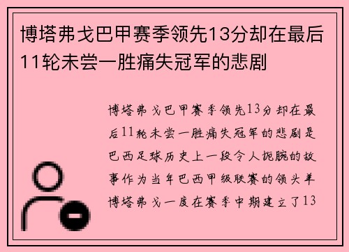 博塔弗戈巴甲赛季领先13分却在最后11轮未尝一胜痛失冠军的悲剧 博塔弗戈巴甲赛季领先13分却在最后11轮未尝一胜痛失冠军的悲剧